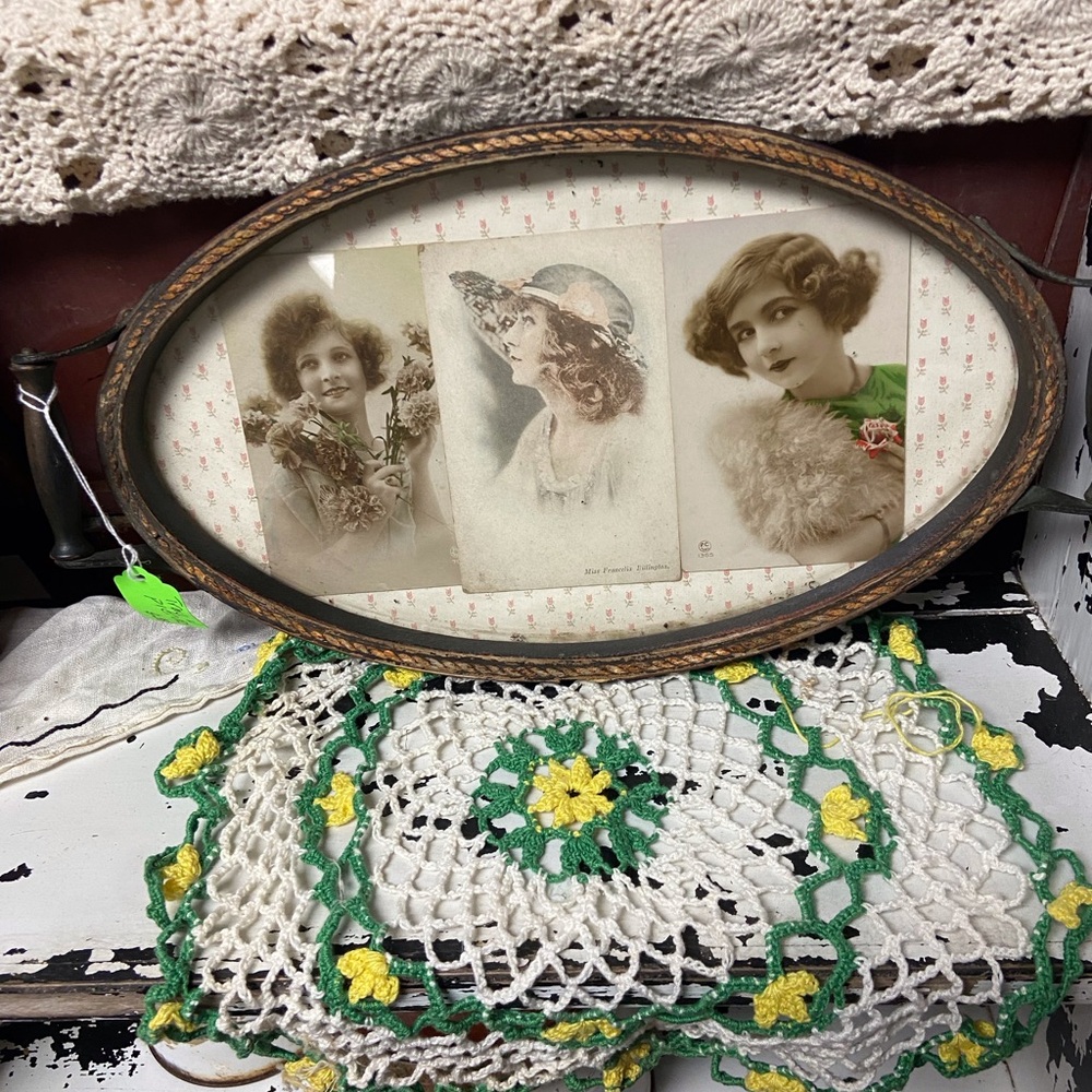 Antique Oval Framed Art with Vintage Portraits - Brown and Green